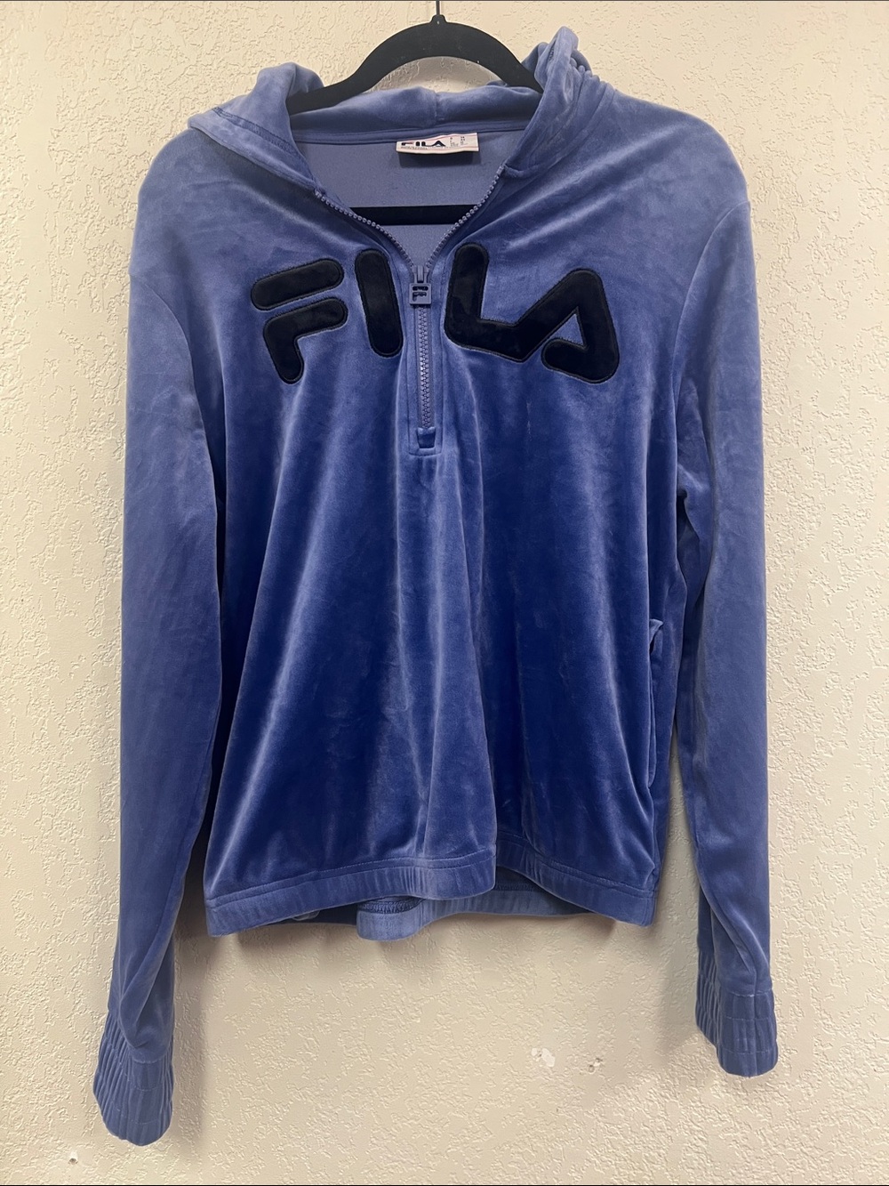 Fila Women’s Velour Half-Zip Hoodie Jacket in Blue with Black Logo
